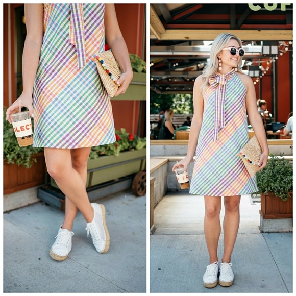 NWT, J.Crew Tie Neck Rainbow Gingham Dress - Picture 5 of 6